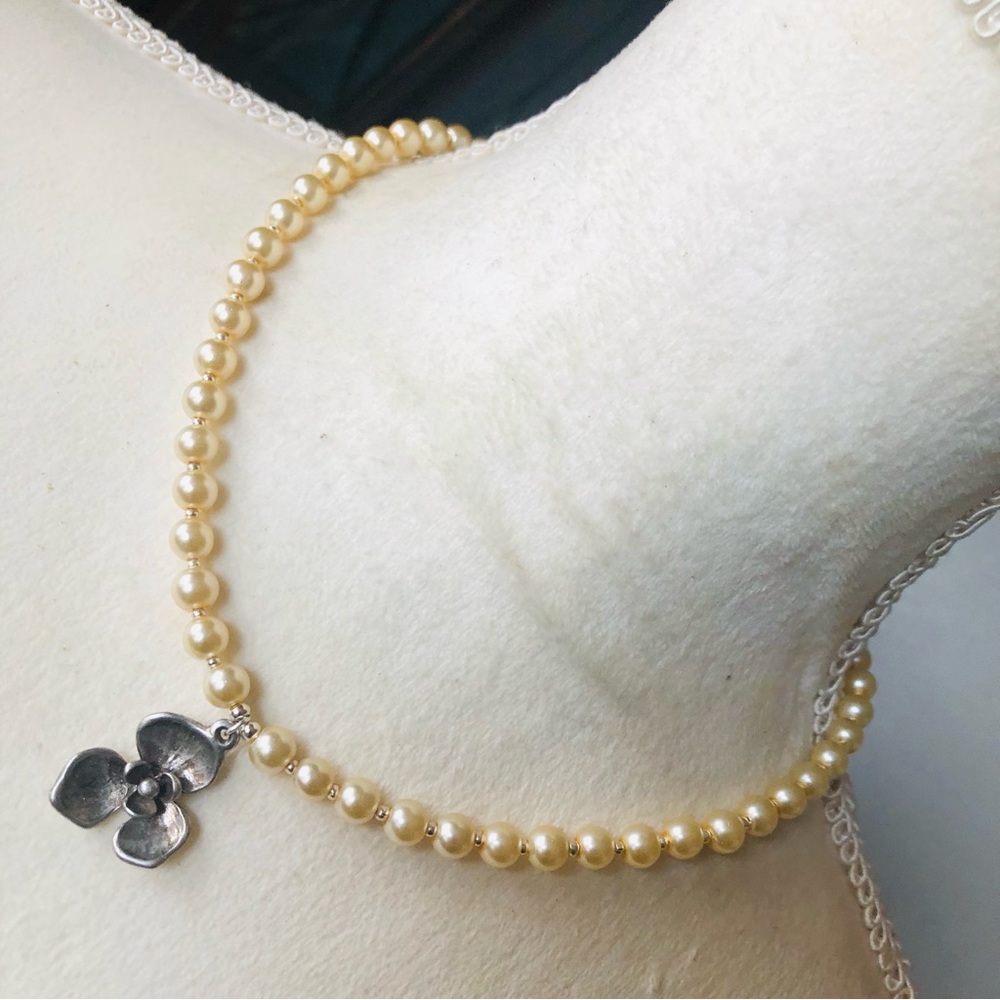 Handcrafted repurpose silver floral pendant Czech glass Pearl necklace